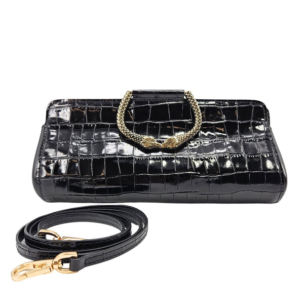 Black crocodile-embossed clutch with gold chain handle and adjustable strap