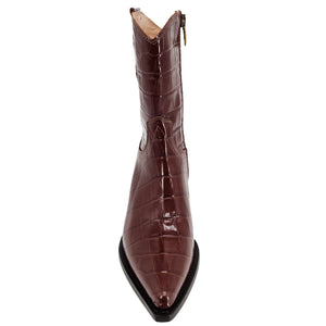 Croc-embossed ankle boot with pointed toe, dark chocolate leather, tapered heel