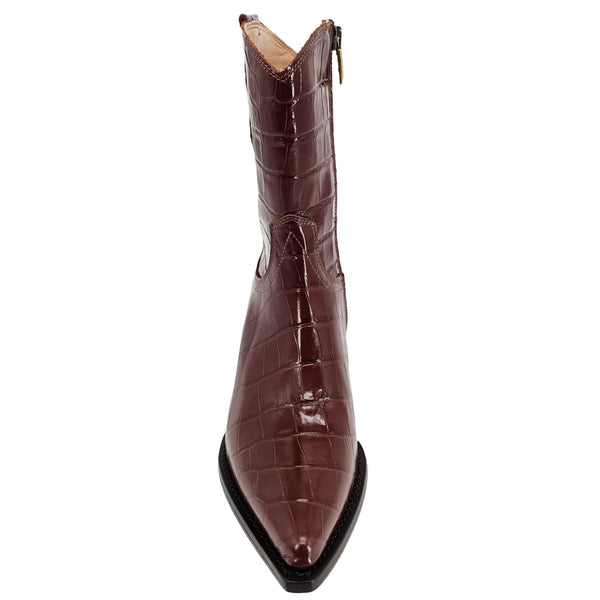 Croc-embossed ankle boot with pointed toe, dark chocolate leather, tapered heel