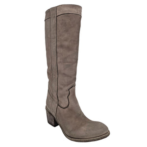 Taupe washed leather knee-high pull-on boot, angled side view with block heel