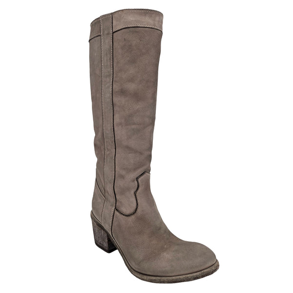 Taupe washed leather knee-high pull-on boot, angled side view with block heel
