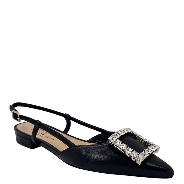 Black sling-back flat shoes with crisscross straps and sparkling rhinestone front buckle