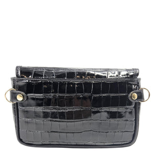 Black croc-embossed leather small crossbody bag with top flap and gold rings