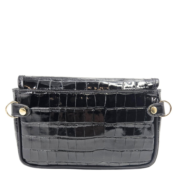 Black croc-embossed leather small crossbody bag with top flap and gold rings