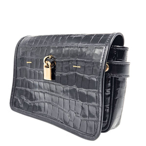 Black croc-embossed leather small crossbody bag with gold padlock clasp and strap