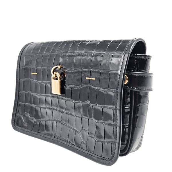 Black croc-embossed leather small crossbody bag with gold padlock clasp and strap
