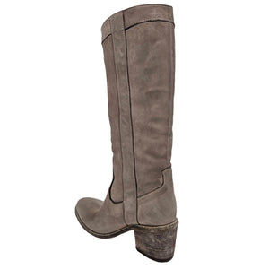 Taupe washed leather knee-high pull-on boot with low stacked heel