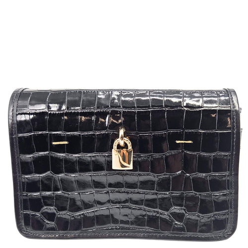 Black croc-embossed leather crossbody bag with front flap and gold padlock clasp