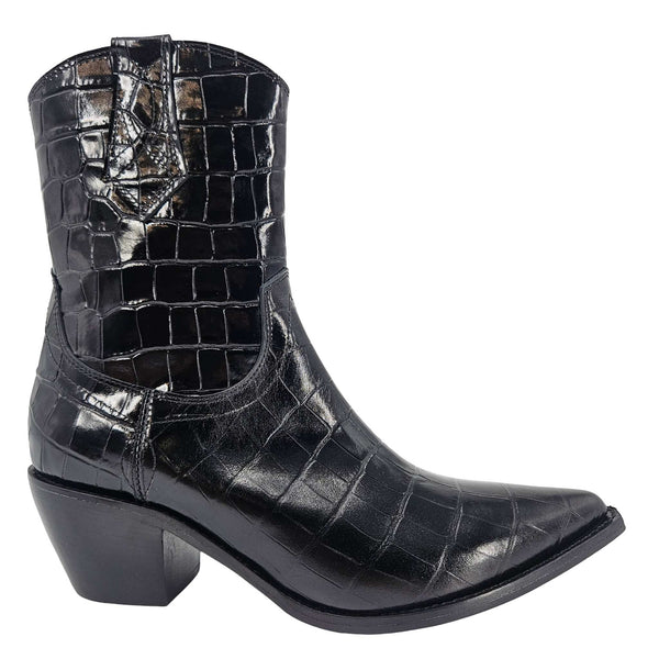 Black croc-embossed leather cowboy-style ankle boot with pointed toe and block heel