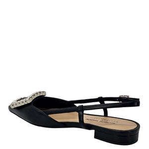Black leather sling-back flats, open heel strap and low stacked heel with rear view