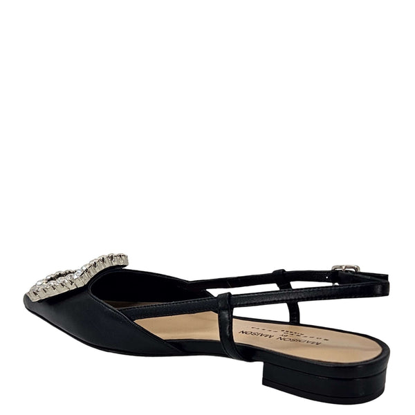 Black leather sling-back flats, open heel strap and low stacked heel with rear view
