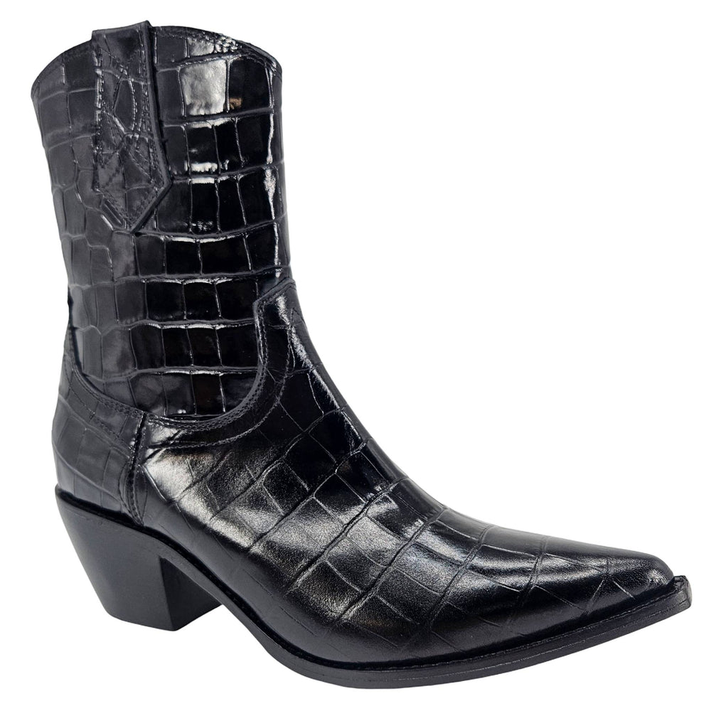 Black croc-embossed leather cowboy-style ankle boot with pointed toe and block heel