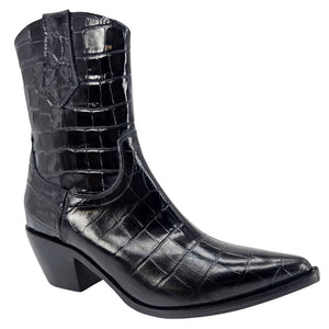Black croc-embossed leather ankle boot with pointed toe and block heel