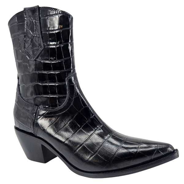 Black croc-embossed leather ankle boot with pointed toe and block heel
