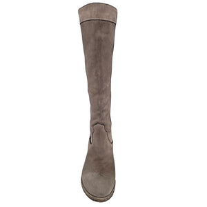 Taupe washed leather knee-high pull-on boot, side view with low stacked heel
