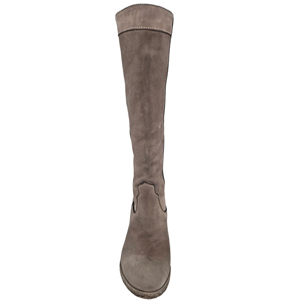 Taupe washed leather knee-high pull-on boot, side view with low stacked heel