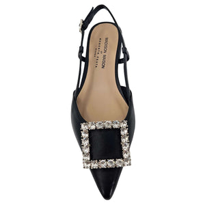 Black leather pointed toe sling-back flats with square rhinestone embellishment