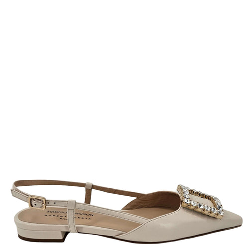 Cream leather slingback flat with crystal strap detail and low block heel