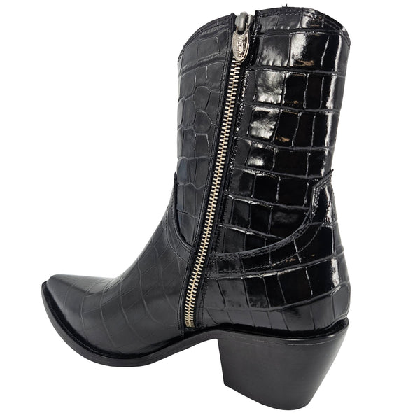 Black croc-embossed ankle boot with pointed toe, block heel, and side zipper