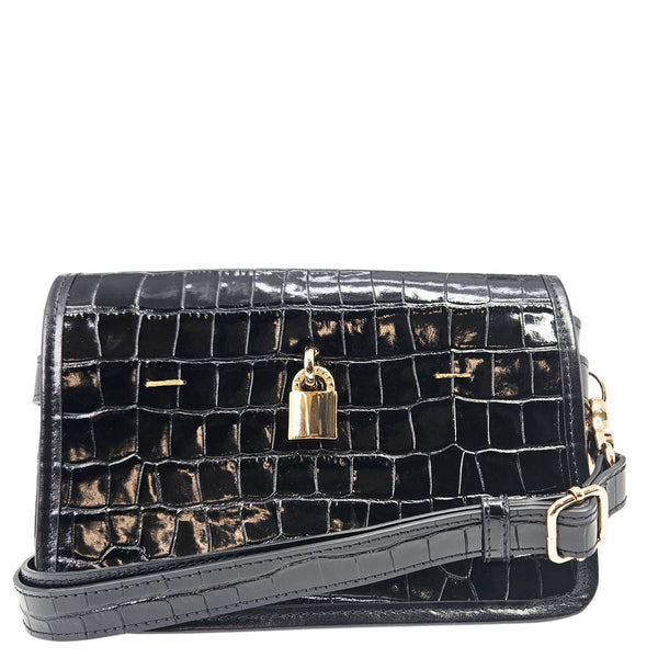 Black croc-embossed leather crossbody bag with front flap, gold clasp, and strap