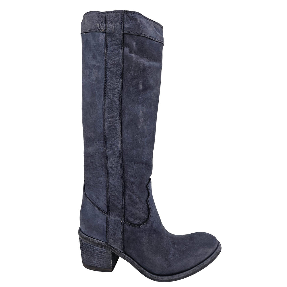 Navy washed leather knee-high pull-on boot, side view with block heel