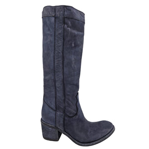 Navy washed leather knee-high pull-on boot, side view with block heel