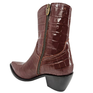 Croc-embossed ankle boot with side zipper, dark chocolate leather, block heel