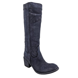 Navy washed leather knee-high pull-on boot, angled front view