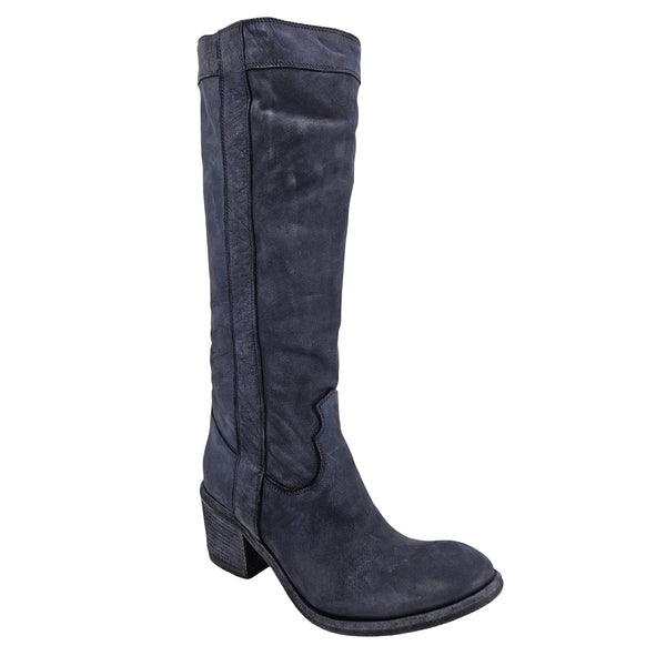 Navy washed leather knee-high pull-on boot, angled front view