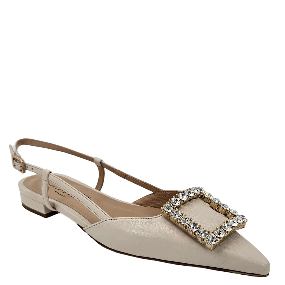 Cream leather slingback flat with crystal strap detail and low block heel