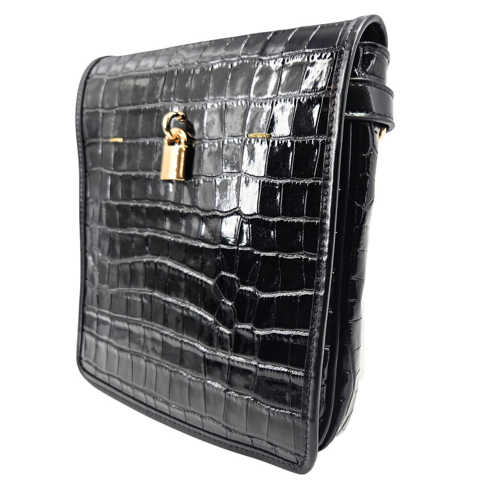 Black croc-embossed leather crossbody bag back with gold lock and stitched paneling