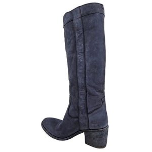 Navy washed leather knee-high pull-on boot, back view with block heel