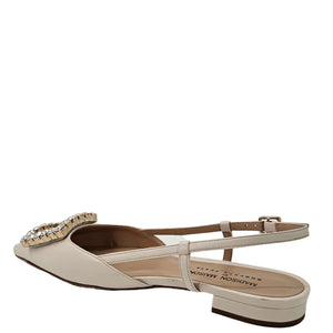 Cream leather slingback flat with crystal-trimmed buckle and strap closure