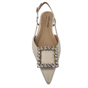 Cream leather slingback flat with pointed toe and square crystal ornament