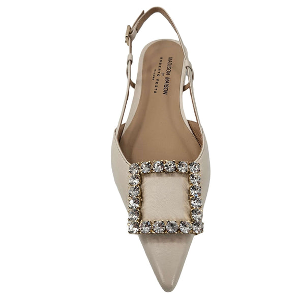 Cream leather slingback flat with pointed toe and square crystal ornament