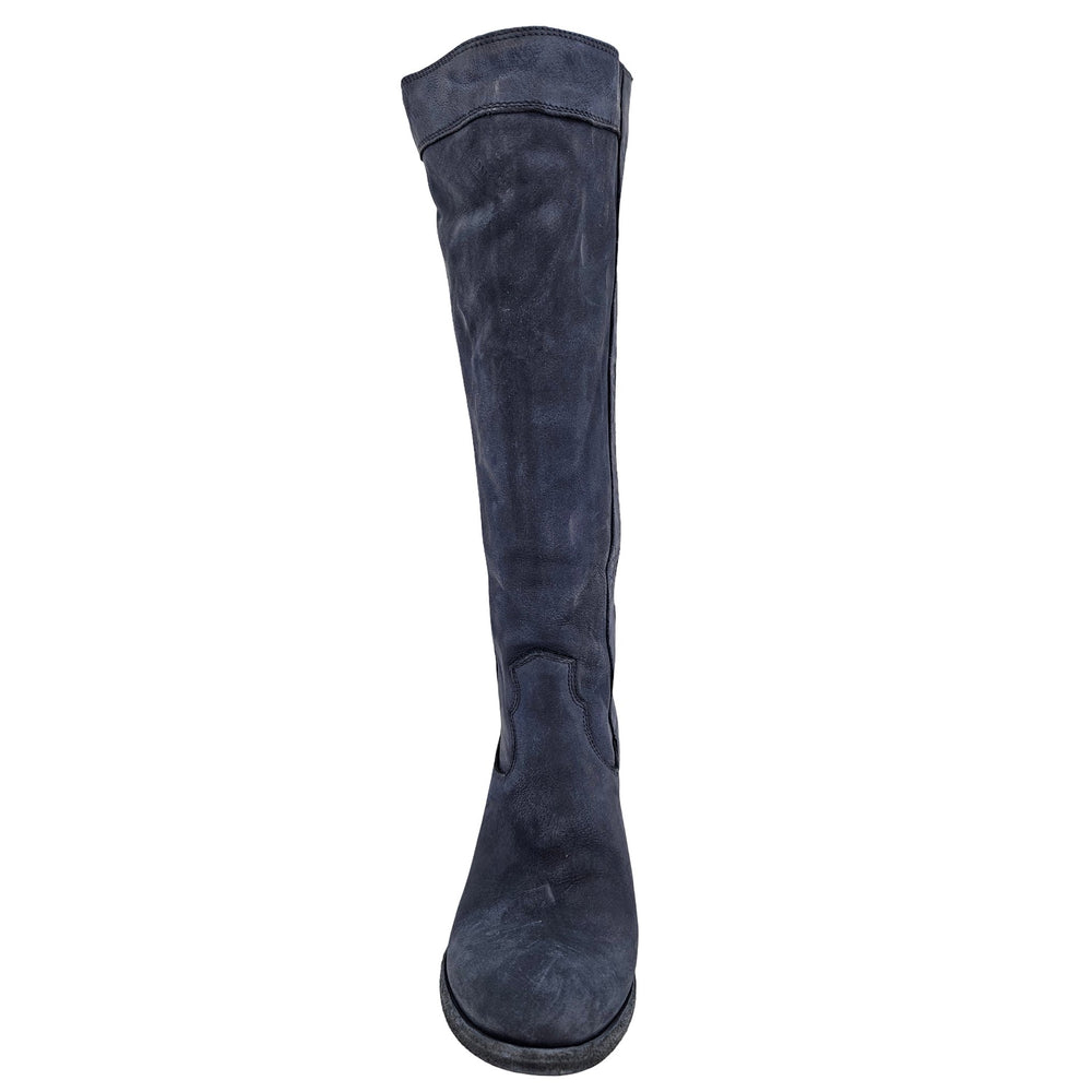 Navy washed leather knee-high pull-on boot, side view with block heel