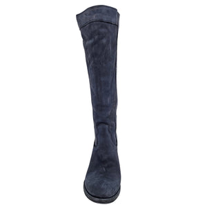 Navy washed leather knee-high pull-on boot with round toe