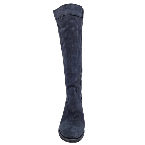 Navy washed leather knee-high pull-on boot with round toe