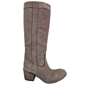 Taupe washed leather knee-high pull-on boot, front side seam and low stacked heel