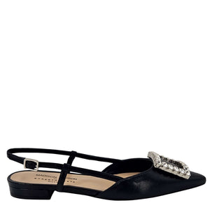 Black leather sling-back flats with rhinestone rectangular buckle and low block heel