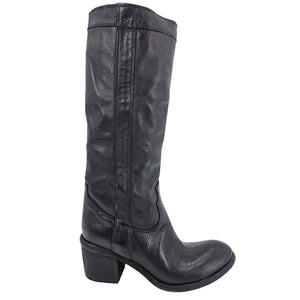Black leather knee-high pull-on boot with stacked low heel and rounded toe