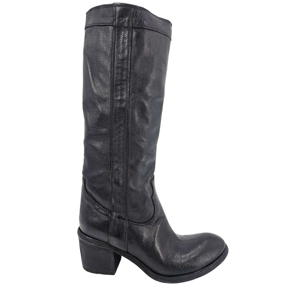 Black leather knee-high pull-on boot with stacked low heel and rounded toe