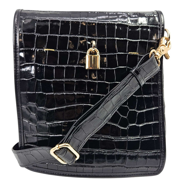 Black croc-embossed leather crossbody bag with front lock and adjustable shoulder strap