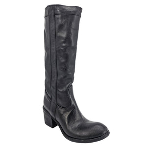 Black leather knee-high pull-on boot, side view, low stacked heel and seam detail