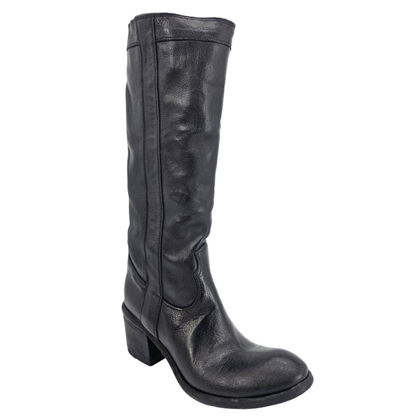 Black leather knee-high pull-on boot, side view, low stacked heel and seam detail