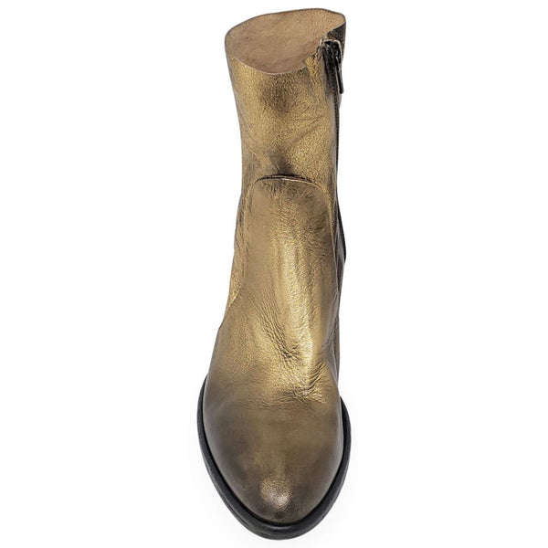 Gold leather ankle boot with side zipper, short shaft, and block heel