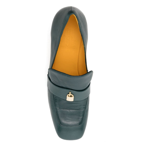 Teal leather loafer with gold-tone lock strap and orange interior lining