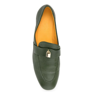 Green leather flat loafer with gold-tone lock bar on strap and curved toe