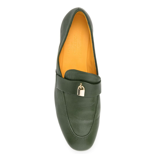 Green leather flat loafer with gold-tone lock bar on strap and curved toe
