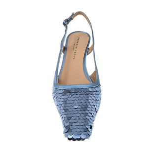 Blue sequined snip-toe slingback heel with ankle strap and open back
